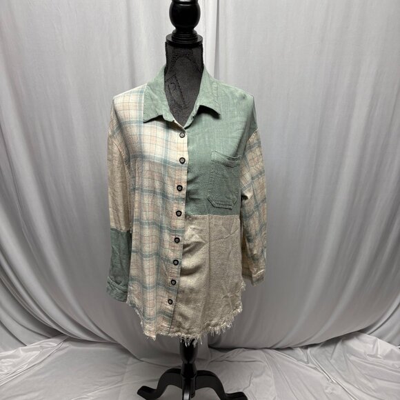 143 Story by Line Up Plaid Solid Colorblock Button-Up Shirt Womens Size Large - Picture 1 of 9